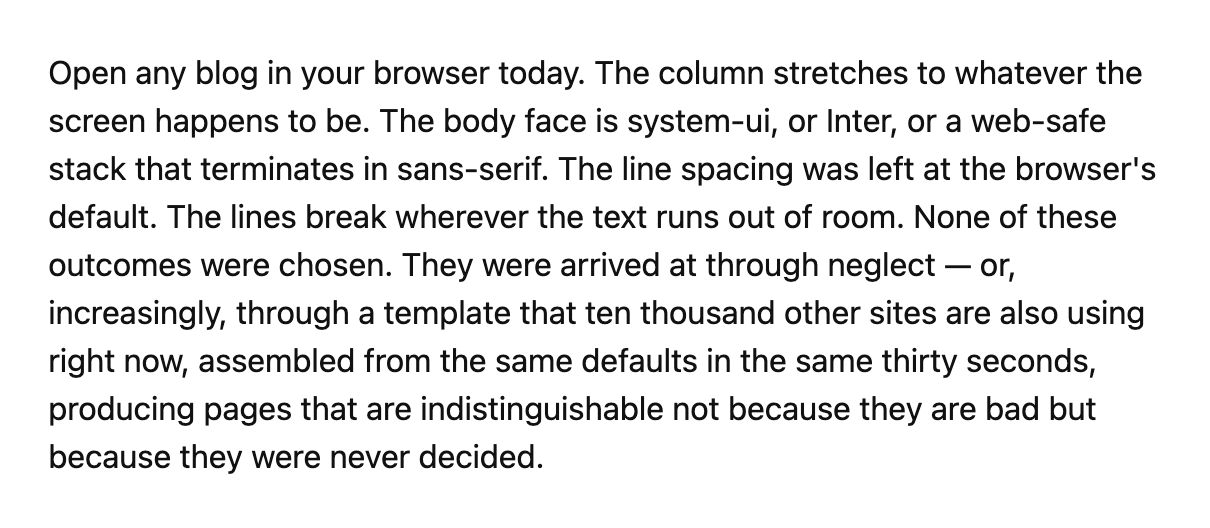 The opening paragraph of an essay rendered with browser defaults: a system sans-serif face, loose line spacing, ragged line endings, and no drop cap.